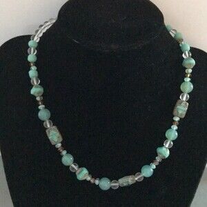Vintage Handmade Teal Amazonite Rock Crystal Beads Swarovski Sterling Necklace
